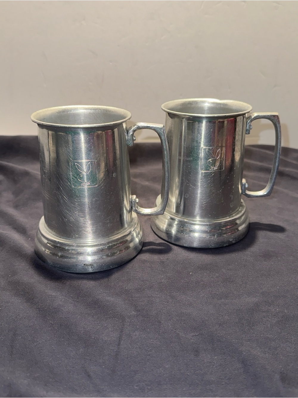 Lot of 2 Vintage Playboy Bunny Tankard Aluminum Metal Stein Mug Glass Bottom 5"